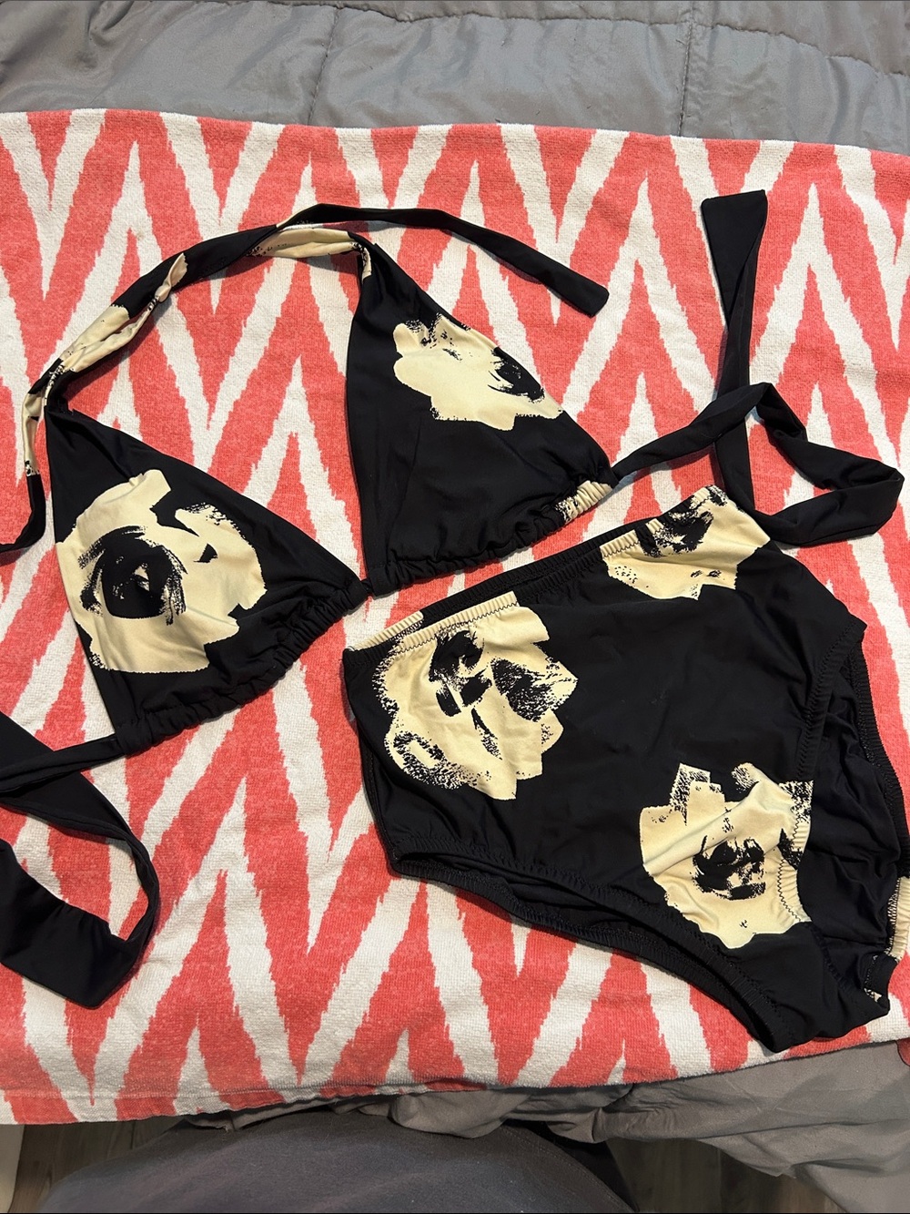 Floral High-Waist Black & Cream Bikini Set